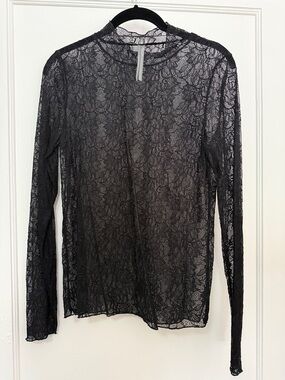 Anthropologie Black Sheer Lace Long-Sleeve Top